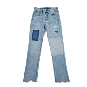 Gap Kids Girlfriend Jeans 8 Slim Patchwork Light Wash Cotton Raw Hem